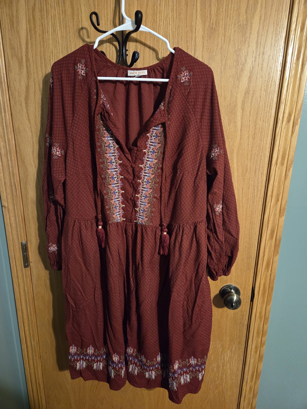 Knox Rose Burgundy Embroidered Long Sleeve Peasant Dress